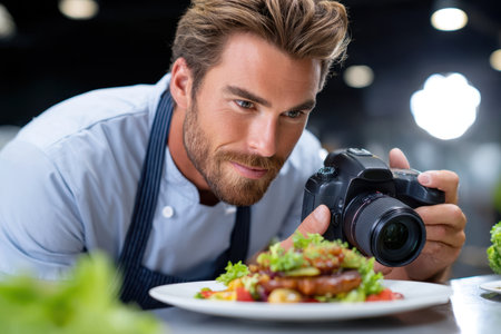 A male chef focuses a camera on an artfully plated gourmet dish, showcasing his culinary creation in a bright kitchen.の素材