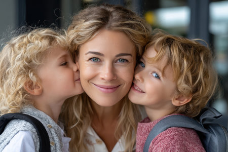 A mother enjoys a warm embrace with her two children in a bright urban setting, smiling happily together.の素材