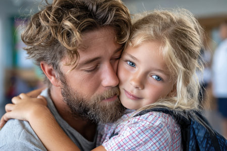 A father lovingly hugs his daughter, showing a heartfelt moment in a school environment.の素材