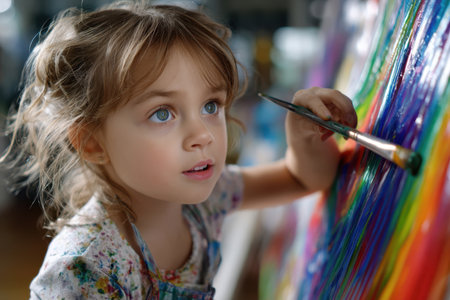 A child with blue eyes concentrates on painting a vibrant rainbow on a canvas in a creative space.の素材