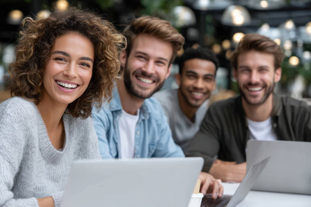 Group of friends smiles happily while collaborating on laptops in a bright cafe with a cozy atmosphere.の素材