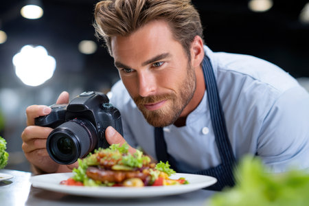 A male chef focuses a camera on an artfully plated gourmet dish, showcasing his culinary creation in a bright kitchen.の素材