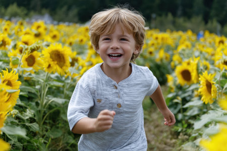 A cheerful boy runs among bright sunflowers, enjoying a sunny afternoon outdoors.の素材