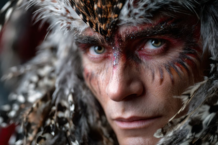A man displays a striking feather costume and intricate face paint, highlighting artistic expression.の素材