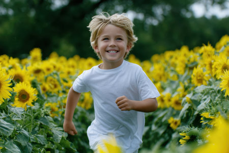A young boy with blonde hair smiles widely as he runs amidst vibrant sunflowers in a field.の素材