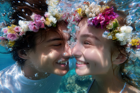 Two young people share a joyful kiss underwater, adorned with colorful flower crowns and surrounded by clear blue water.の素材