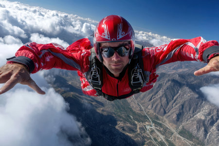Clouds surround a skydiver in a bright red suit as he free-falls above majestic mountain ranges in daylight.の素材