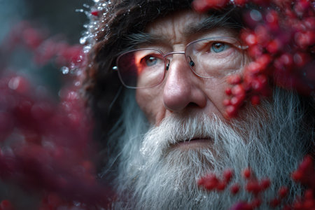A wise elderly man with a long white beard and glasses gazes thoughtfully among frozen red berries in winter.の素材