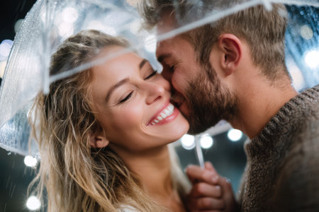 Two happy individuals embrace under a clear umbrella while raindrops fall around them, radiating affection.の素材