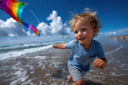 A cheerful child plays in the shallow surf, joyfully flying a vibrant kite under a clear blue sky.の素材