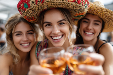 Three friends enjoy a lively outdoor gathering, raising their glasses in celebration while wearing colorful hats.の素材