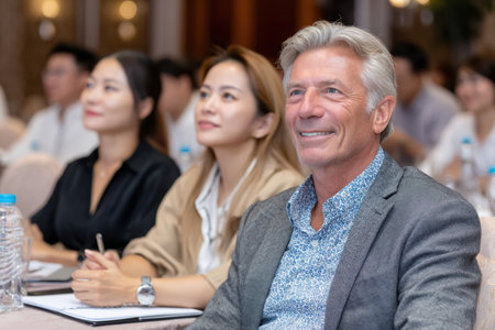 Audience members listen attentively during a presentation at an upscale conference venue in the evening.の素材