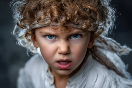 A child with curly hair dressed in vintage attitude expresses intense emotions and energy.の素材