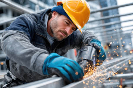 A construction worker wearing a hard hat focuses intently on cutting metal with a power tool, sparks flying.の素材