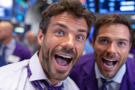 Two traders express joy and enthusiasm after a profitable trading session, with a bustling market backdrop.の素材