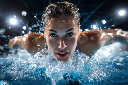 Athlete executing butterfly stroke with determination in a well-lit indoor swimming pool during a meetの素材