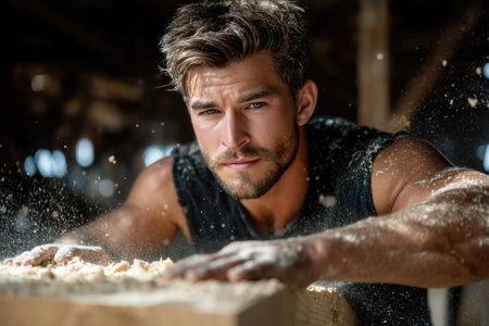 A skilled carpenter shapes a wooden piece with focus and determination in a sunlit workshop.の素材