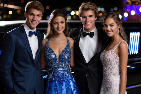 Four stylish young adults in formal attire smile together near a luxury car during an upscale event.の素材