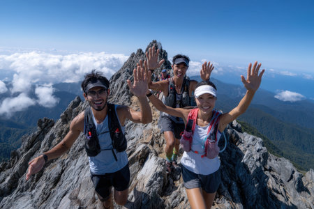 Three enthusiastic runners celebrate at the mountain peak, surrounded by breathtaking views and clear skies.の素材