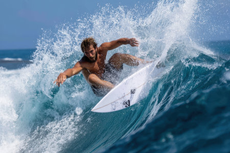 A skilled surfer catches a wave, showing agility and balance against a vibrant blue sea.の素材