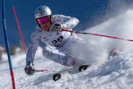 A skilled skier races through a slalom course, expertly carving turns in fresh snow under clear skies.の素材