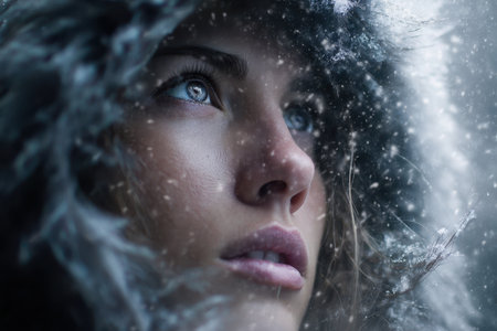 A young woman in a fur-lined hood gazes up, captivated by the falling snowflakes outdoors.の素材