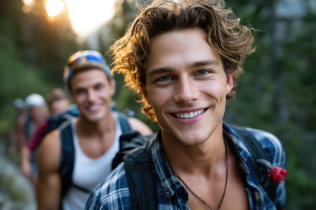 Two young men enjoy a hiking trip in a forest. They smile as they explore nature with friends at sunset.の素材