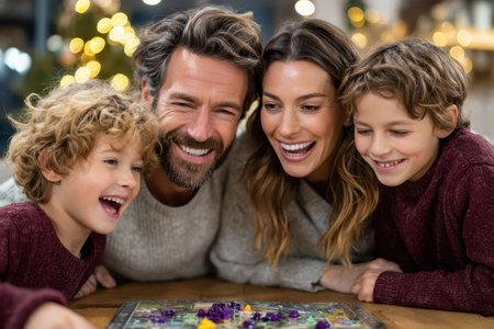A family plays a board game, smiling and laughing, in a warmly decorated room filled with holiday spirit.の素材