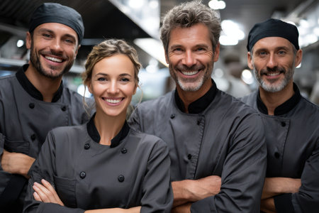 Four chefs confidently collaborate in a modern kitchen, showing teamwork and passion for cooking.の素材