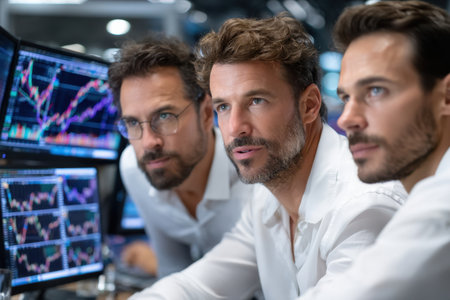 Three men focus intently on multiple computer screens displaying financial charts and data.の素材
