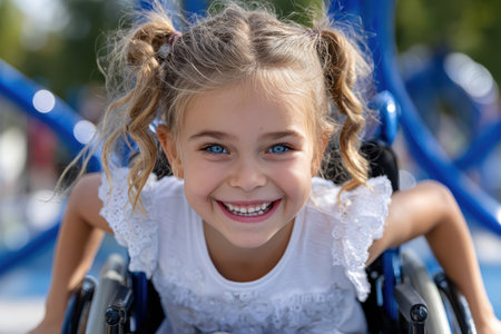 Girl with curly hair smiles brightly while playing at a vibrant park, showing joy and freedom.の素材
