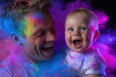 Father and baby share laughter as colorful powders burst around them, creating a joyful atmosphere.の素材