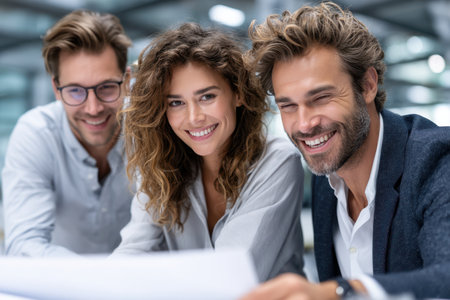 Three professionals gather around a table in a bright office, reviewing planning documents with smiles.の素材
