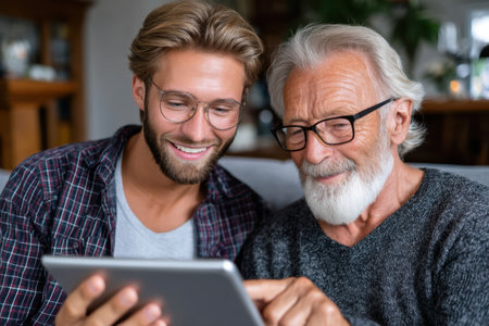 Older man and younger man engage happily with a tablet in a cozy indoor setting together.の素材