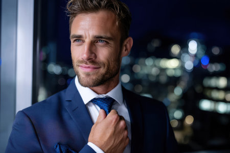 Stylish man in a suit adjusts his tie, showcasing confidence amidst a city skyline lit at night.の素材