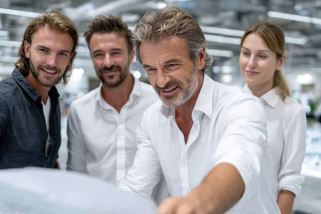 Four professionals engage in a productive discussion while reviewing documents in an open office space.の素材