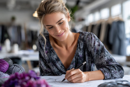 A woman is focused on sketching fabric designs in a well-lit studio filled with yarn and floral decor.の素材
