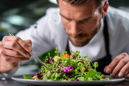 Chef focuses on creating a visually stunning salad with fresh herbs and edible flowers in a vibrant kitchen.の素材