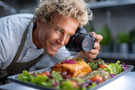 Professional chef takes a careful shot of a beautifully presented dish in a bright kitchen environment.の素材
