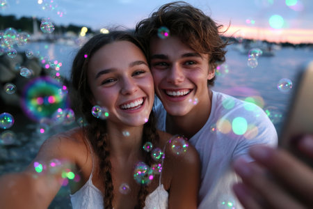 At sunset, a happy young couple takes selfies by the water with bubbles floating around them.の素材