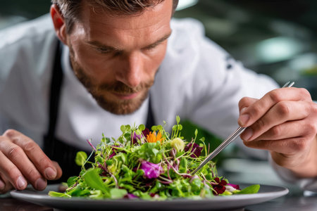 Chef focuses on creating a visually stunning salad with fresh herbs and edible flowers in a vibrant kitchen.の素材