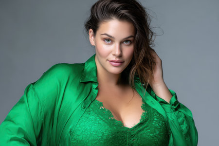 A model with long hair showcases a striking green outfit, exuding confidence in a stylish pose.の素材