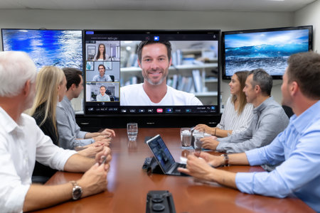 Group of professionals engaging in a virtual meeting with a remote participant displayed on a large screen.の素材