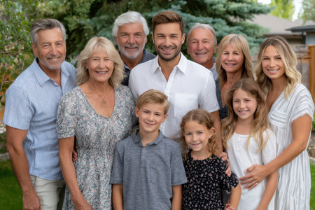 Multiple generations of a family pose together in a lush garden, showing smiles and joy during their gathering.の素材
