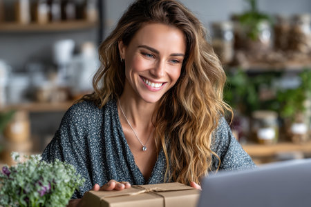 Woman enjoys a moment of excitement while getting ready to open a package in a warm, inviting environment.の素材