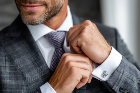 A well-dressed man in a stylish suit tightens his cufflinks, preparing for a special occasion.の素材
