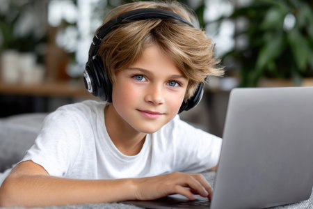 A boy with short hair sits comfortably at home, focused on his laptop while wearing headphones.の素材