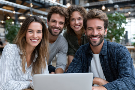 Four friends gather around a laptop, sharing ideas and enjoying each other's company in a cozy cafe.の素材