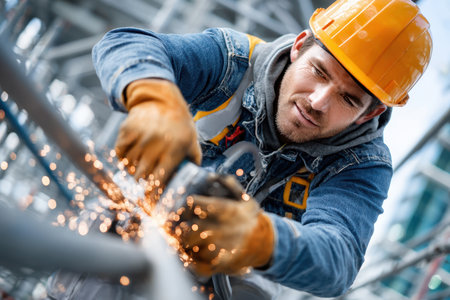 A construction worker is handling a grinder, creating sparks while performing metal work outdoors during daytime.の素材