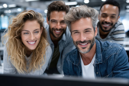 Friends gather around a computer, sharing laughter and enjoying a light-hearted moment at work during the day.の素材